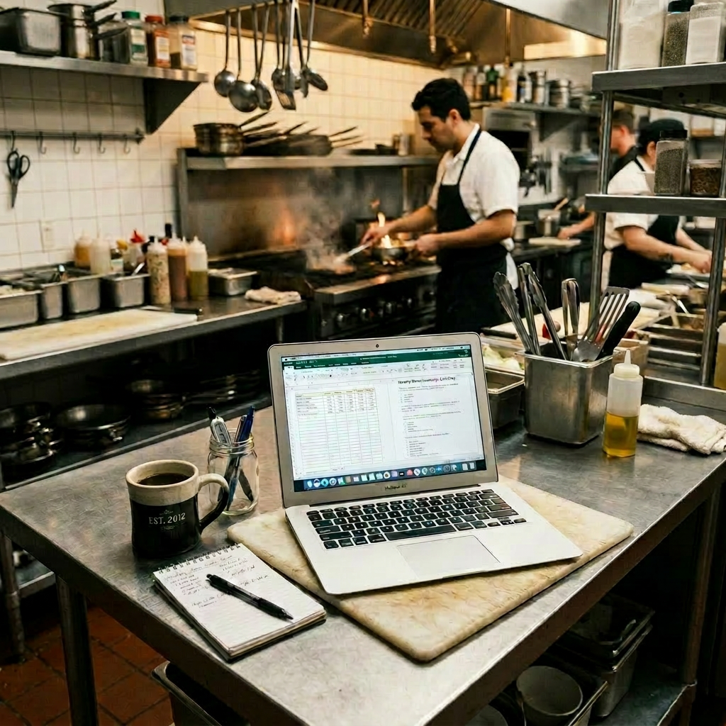 Laptop displaying spreadsheet and notes, coffee mug, and kitchen utensils on a metal table in a commercial kitchen